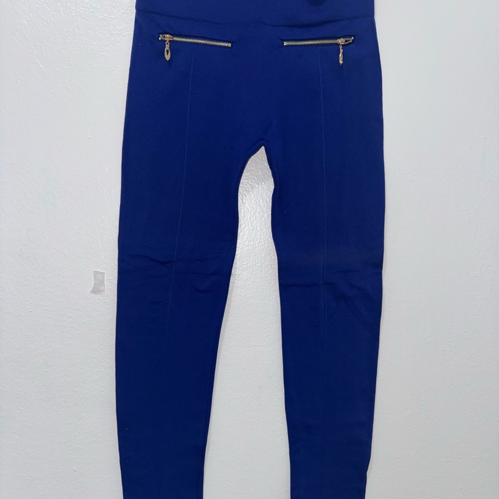 Blue Leggings with Gold Zipper Accents